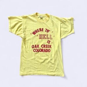 Vintage 70s Oak Creek Funny Slogan T-Shirt, Size Adult XS, Yellow